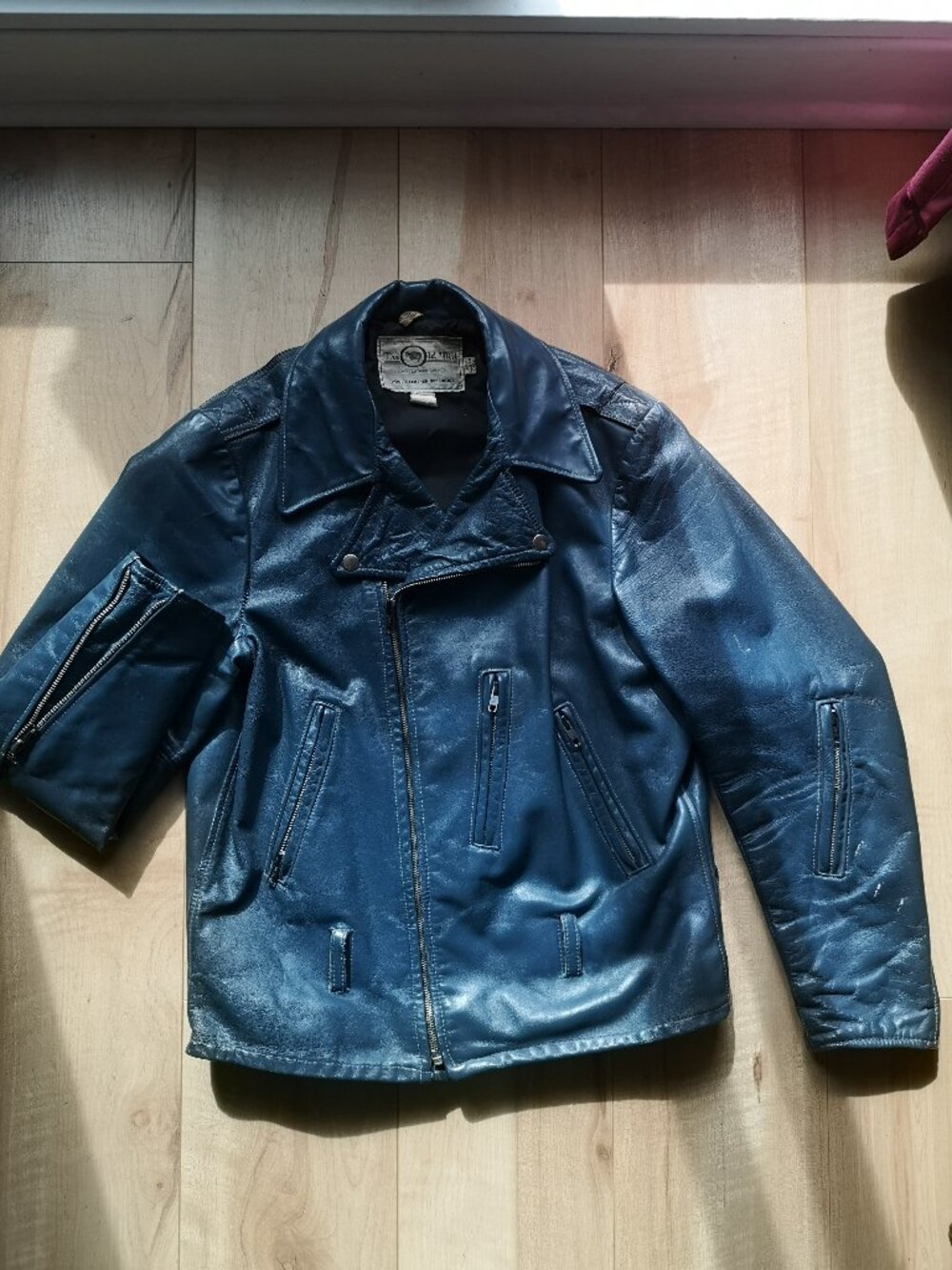 Vintage Blue Leather Moto Jacket "The Old Mill" – Punk / ERD Aesthetic – CANADA
